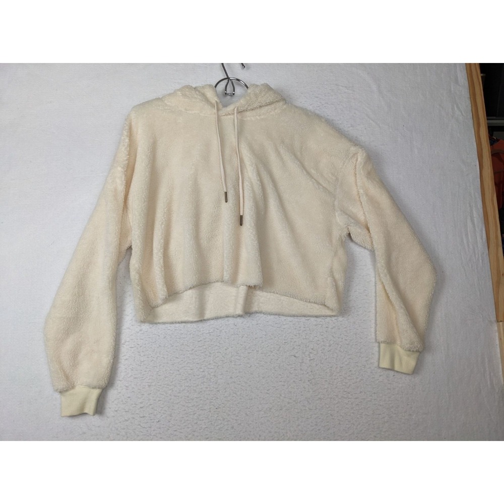 Urban Outfitters Hooded Pullover Sweatshirt L Cream Fuzzy Polyester‎ Cropped